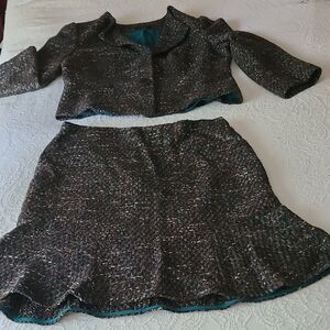 Ann Taylor Tweed Jacket and Skirt Set - Brown and Teal Skirt Size 12 Jacket 14